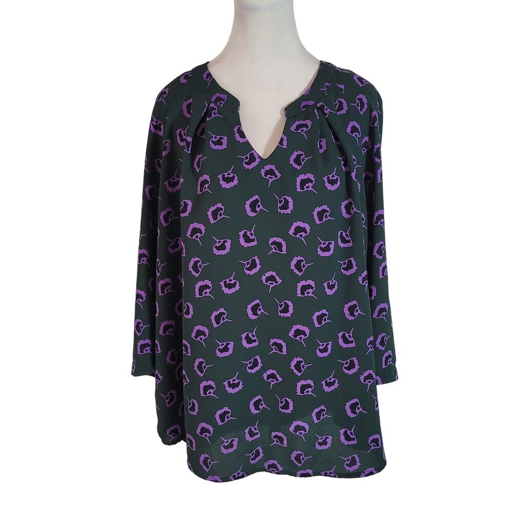 41 Hawthorne Size XXL Purple Flower Jade‎ Green 3/4 Sleeve Blouse Hi-Low Top